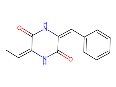 (3E,6e)-3-benzylidene-6-ethylidene-piperazine-2,5-dione structure