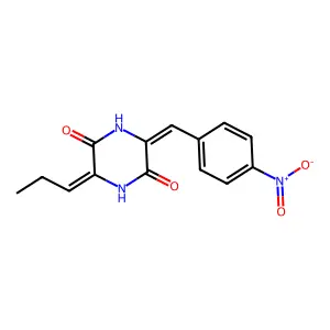 (3E)-3-[(4-nitrophenyl)methylidene]-6-propylidene-piperazine-2,5-dione structure