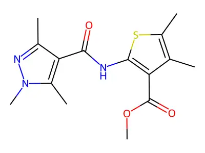 methyl 4,5-dimethyl-2-{[(1,3,5-trimethyl-1H-pyrazol-4-yl)carbonyl]amino}-3-thiophenecarboxylate structure