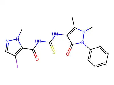 N-[(1,5-dimethyl-3-oxo-2-phenylpyrazol-4-yl)carbamothioyl]-4-iodo-2-methylpyrazole-3-carboxamide structure