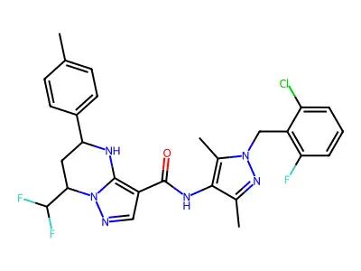 N-[1-(2-chloro-6-fluorobenzyl)-3,5-dimethyl-1H-pyrazol-4-yl]-7-(difluoromethyl)-5-(4-methylphenyl)-4,5,6,7-tetrahydropyrazolo[1,5-a]pyrimidine-3-carboxamide structure