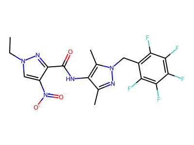 N-[3,5-dimethyl-1-(2,3,4,5,6-pentafluorobenzyl)-1H-pyrazol-4-yl]-1-ethyl-4-nitro-1H-pyrazole-3-carboxamide structure