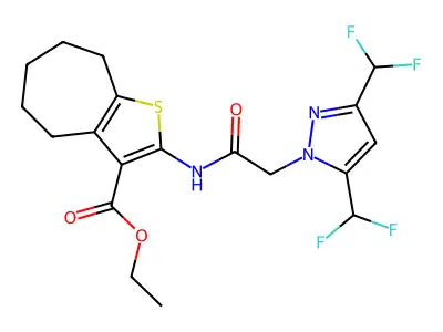 ethyl 2-({[3,5-bis(difluoromethyl)-1H-pyrazol-1-yl]acetyl}amino)-5,6,7,8-tetrahydro-4H-cyclohepta[b]thiophene-3-carboxylate structure