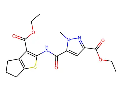 ethyl 5-[(3-ethoxycarbonyl-5,6-dihydro-4H-cyclopenta[b]thiophen-2-yl)carbamoyl]-1-methylpyrazole-3-carboxylate structure