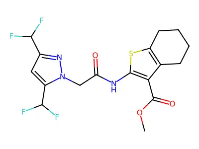 methyl 2-({[3,5-bis(difluoromethyl)-1H-pyrazol-1-yl]acetyl}amino)-4,5,6,7-tetrahydro-1-benzothiophene-3-carboxylate structure