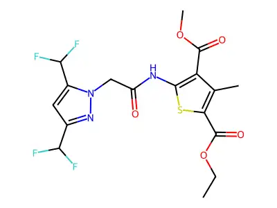2-ethyl 4-methyl 5-({[3,5-bis(difluoromethyl)-1H-pyrazol-1-yl]acetyl}amino)-3-methyl-2,4-thiophenedicarboxylate structure