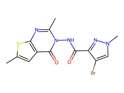 4-bromo-N-(2,6-dimethyl-4-oxothieno[2,3-d]pyrimidin-3-yl)-1-methylpyrazole-3-carboxamide structure