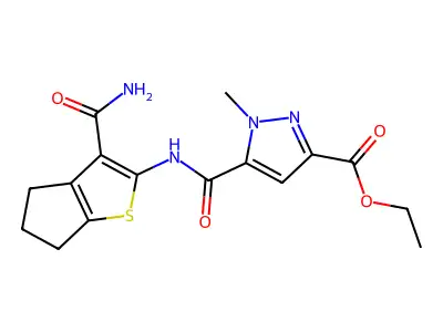 ethyl 5-[(3-carbamoyl-5,6-dihydro-4H-cyclopenta[b]thiophen-2-yl)carbamoyl]-1-methyl-1H-pyrazole-3-carboxylate structure
