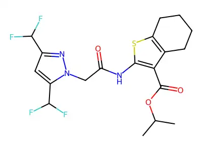 isopropyl 2-({[3,5-bis(difluoromethyl)-1H-pyrazol-1-yl]acetyl}amino)-4,5,6,7-tetrahydro-1-benzothiophene-3-carboxylate structure