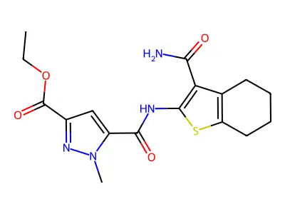 ethyl 5-[(3-carbamoyl-4,5,6,7-tetrahydro-1-benzothiophen-2-yl)carbamoyl]-1-methyl-1H-pyrazole-3-carboxylate structure