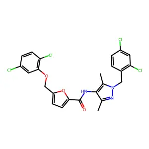 N-[1-(2,4-dichlorobenzyl)-3,5-dimethyl-1H-pyrazol-4-yl]-5-[(2,5-dichlorophenoxy)methyl]-2-furamide structure