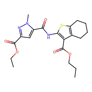 ethyl 1-methyl-5-({[3-(propoxycarbonyl)-4,5,6,7-tetrahydro-1-benzothien-2-yl]amino}carbonyl)-1H-pyrazole-3-carboxylate structure