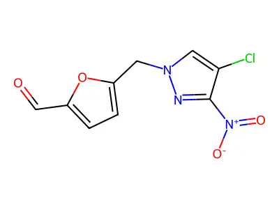 5-[(4-chloro-3-nitro-1H-pyrazol-1-yl)methyl]-2-furaldehyde structure
