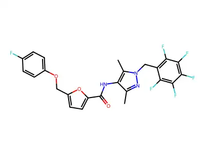 N-[3,5-dimethyl-1-(2,3,4,5,6-pentafluorobenzyl)-1H-pyrazol-4-yl]-5-[(4-fluorophenoxy)methyl]-2-furamide structure