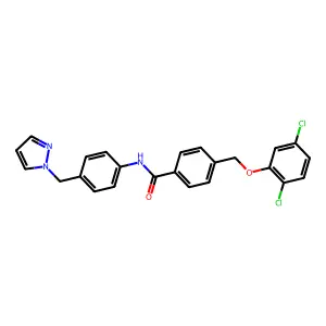 4-[(2,5-dichlorophenoxy)methyl]-N-[4-(1H-pyrazol-1-ylmethyl)phenyl]benzamide structure