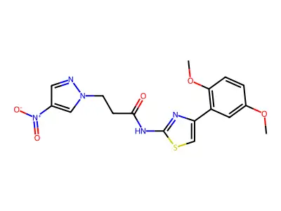N-[4-(2,5-dimethoxyphenyl)-1,3-thiazol-2-yl]-3-(4-nitropyrazol-1-yl)propanamide structure
