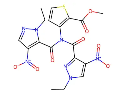 methyl 3-[({1-ethyl-4-nitro-1H-pyrazol-3-yl}carbonyl)({1-ethyl-4-nitro-1H-pyrazol-5-yl}carbonyl)amino]-2-thiophenecarboxylate structure