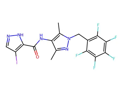 N-[3,5-dimethyl-1-(2,3,4,5,6-pentafluorobenzyl)-1H-pyrazol-4-yl]-4-iodo-1H-pyrazole-3-carboxamide structure