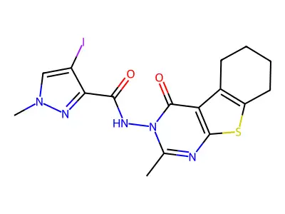 4-iodo-1-methyl-N-(2-methyl-4-oxo-5,6,7,8-tetrahydro-[1]benzothiolo[2,3-d]pyrimidin-3-yl)pyrazole-3-carboxamide structure