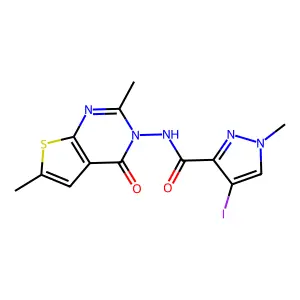 N-(2,6-dimethyl-4-oxothieno[2,3-d]pyrimidin-3(4H)-yl)-4-iodo-1-methyl-1H-pyrazole-3-carboxamide structure