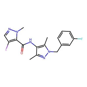 N-[1-(3-fluorobenzyl)-3,5-dimethyl-1H-pyrazol-4-yl]-4-iodo-1-methyl-1H-pyrazole-5-carboxamide structure