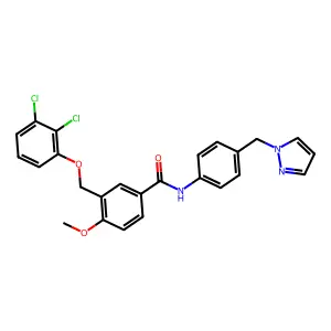 3-[(2,3-dichlorophenoxy)methyl]-4-methoxy-N-[4-(1H-pyrazol-1-ylmethyl)phenyl]benzamide structure