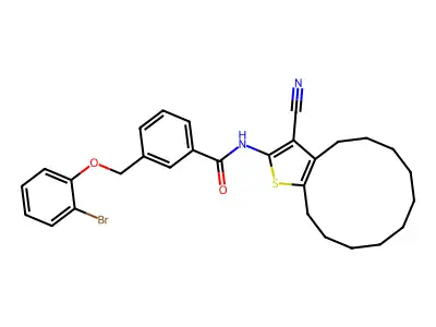 3-[(2-bromophenoxy)methyl]-N-(3-cyano-4,5,6,7,8,9,10,11,12,13-decahydrocyclododeca[b]thiophen-2-yl)benzamide structure