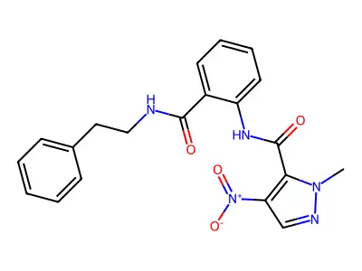 2-methyl-4-nitro-N-[2-(phenethylcarbamoyl)phenyl]pyrazole-3-carboxamide structure
