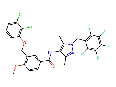 3-[(2,3-dichlorophenoxy)methyl]-N-[3,5-dimethyl-1-[(2,3,4,5,6-pentafluorophenyl)methyl]pyrazol-4-yl]-4-methoxybenzamide structure