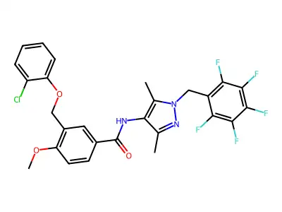 3-[(2-chlorophenoxy)methyl]-N-[3,5-dimethyl-1-[(2,3,4,5,6-pentafluorophenyl)methyl]pyrazol-4-yl]-4-methoxybenzamide structure