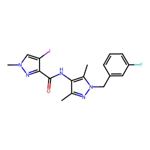 N-[1-(3-fluorobenzyl)-3,5-dimethyl-1H-pyrazol-4-yl]-4-iodo-1-methyl-1H-pyrazole-3-carboxamide structure