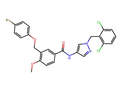 3-[(4-bromophenoxy)methyl]-N-[1-(2,6-dichlorobenzyl)-1H-pyrazol-4-yl]-4-methoxybenzamide structure