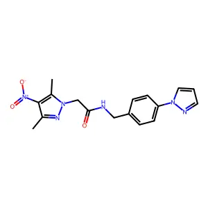 2-(3,5-dimethyl-4-nitropyrazol-1-yl)-N-[(4-pyrazol-1-ylphenyl)methyl]acetamide structure