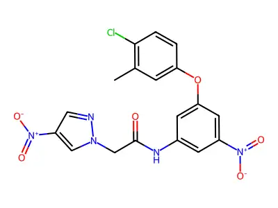N-[3-(4-chloro-3-methylphenoxy)-5-nitrophenyl]-2-(4-nitropyrazol-1-yl)acetamide structure