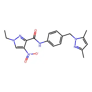 N-{4-[(3,5-dimethyl-1H-pyrazol-1-yl)methyl]phenyl}-1-ethyl-4-nitro-1H-pyrazole-3-carboxamide structure