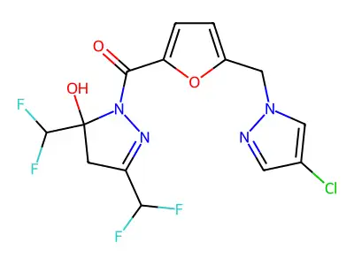 [3,5-bis(difluoromethyl)-5-hydroxy-4H-pyrazol-1-yl]-[5-[(4-chloropyrazol-1-yl)methyl]furan-2-yl]methanone structure