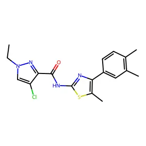 4-chloro-N-[4-(3,4-dimethylphenyl)-5-methyl-1,3-thiazol-2-yl]-1-ethyl-1H-pyrazole-3-carboxamide structure