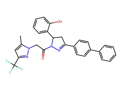 1-[3-(2-hydroxyphenyl)-5-(4-phenylphenyl)-3,4-dihydropyrazol-2-yl]-2-[5-methyl-3-(trifluoromethyl)pyrazol-1-yl]ethanone structure