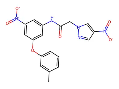 N-[3-(3-methylphenoxy)-5-nitrophenyl]-2-(4-nitropyrazol-1-yl)acetamide structure