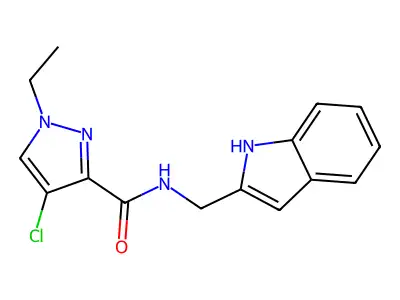 4-chloro-1-ethyl-N-(1H-indol-2-ylmethyl)pyrazole-3-carboxamide structure