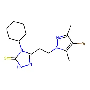 5-[2-(4-bromo-3,5-dimethyl-1H-pyrazol-1-yl)ethyl]-4-cyclohexyl-4H-1,2,4-triazole-3-thiol structure