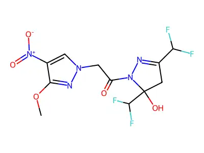 1-[3,5-bis(difluoromethyl)-5-hydroxy-4H-pyrazol-1-yl]-2-(3-methoxy-4-nitropyrazol-1-yl)ethanone structure