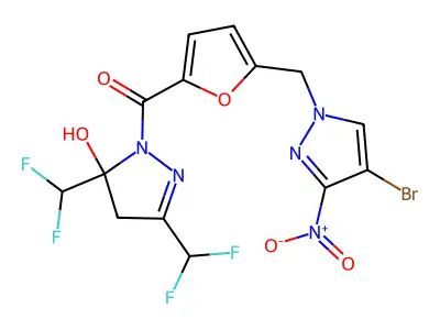 [3,5-bis(difluoromethyl)-5-hydroxy-4H-pyrazol-1-yl]-[5-[(4-bromo-3-nitropyrazol-1-yl)methyl]furan-2-yl]methanone structure