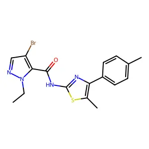 4-bromo-2-ethyl-N-[5-methyl-4-(4-methylphenyl)-1,3-thiazol-2-yl]pyrazole-3-carboxamide structure