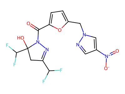 [3,5-bis(difluoromethyl)-5-hydroxy-4H-pyrazol-1-yl]-[5-[(4-nitropyrazol-1-yl)methyl]furan-2-yl]methanone structure