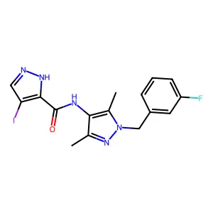 N-[1-(3-fluorobenzyl)-3,5-dimethyl-1H-pyrazol-4-yl]-4-iodo-1H-pyrazole-3-carboxamide structure