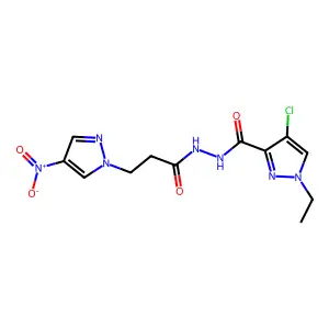 4-chloro-1-ethyl-N'-[3-(4-nitropyrazol-1-yl)propanoyl]pyrazole-3-carbohydrazide structure