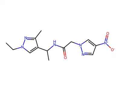 N-[1-(1-ethyl-3-methylpyrazol-4-yl)ethyl]-2-(4-nitropyrazol-1-yl)acetamide structure