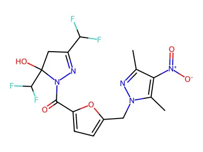 [3,5-bis(difluoromethyl)-5-hydroxy-4H-pyrazol-1-yl]-[5-[(3,5-dimethyl-4-nitropyrazol-1-yl)methyl]furan-2-yl]methanone structure