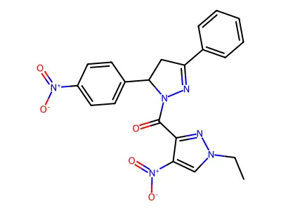 (1-ethyl-4-nitropyrazol-3-yl)-[3-(4-nitrophenyl)-5-phenyl-3,4-dihydropyrazol-2-yl]methanone structure
